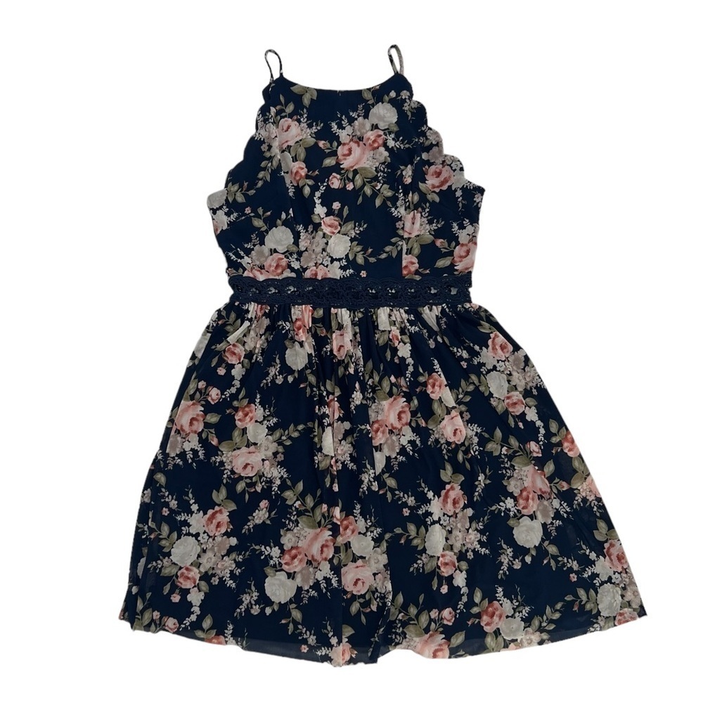 by & by Blue Floral Sleeveless High Neck Pleated Mini Dress Size 8 Women’s